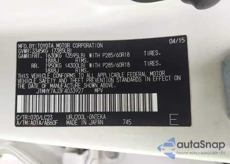 2015 Toyota Land Cruiser V8 from USA, damaged, VIN JTMHY7AJ3F4033927